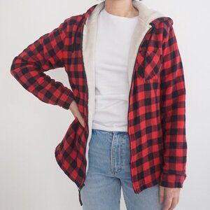 Tough Duck Red Black Buffalo Plaid Teddy Lined Outdoor Hooded Zip Up Sweater M